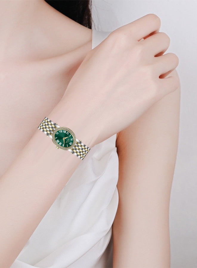 Embellished Ovale Green Dial Analog Watch