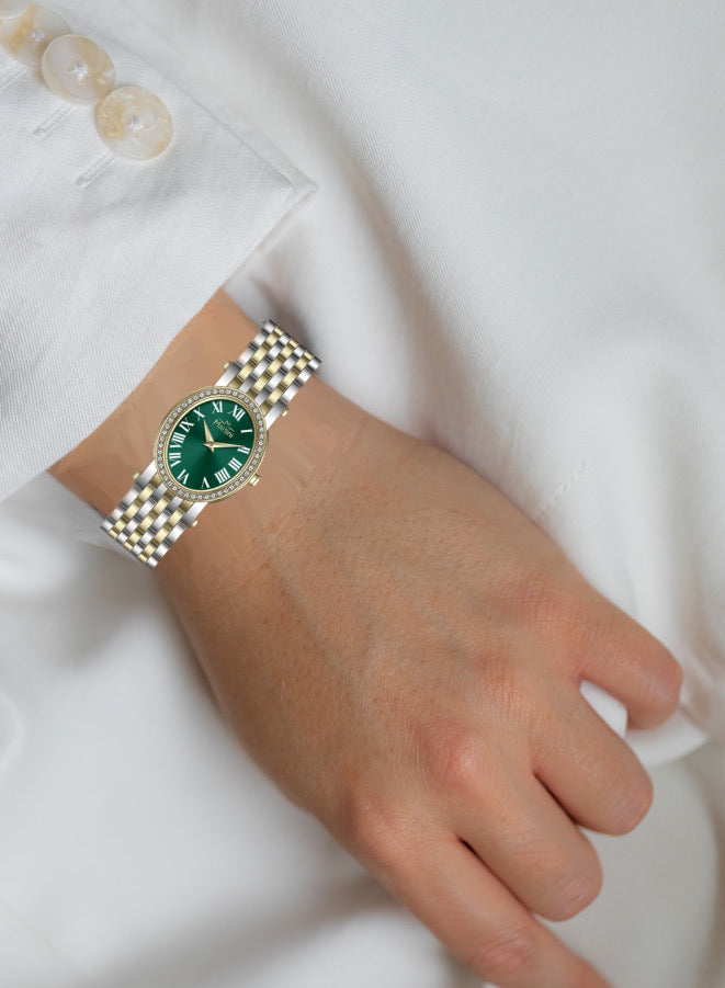 Embellished Ovale Green Dial Analog Watch