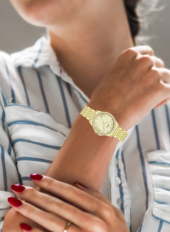 Embellished Round Gold Dial Analog Watch