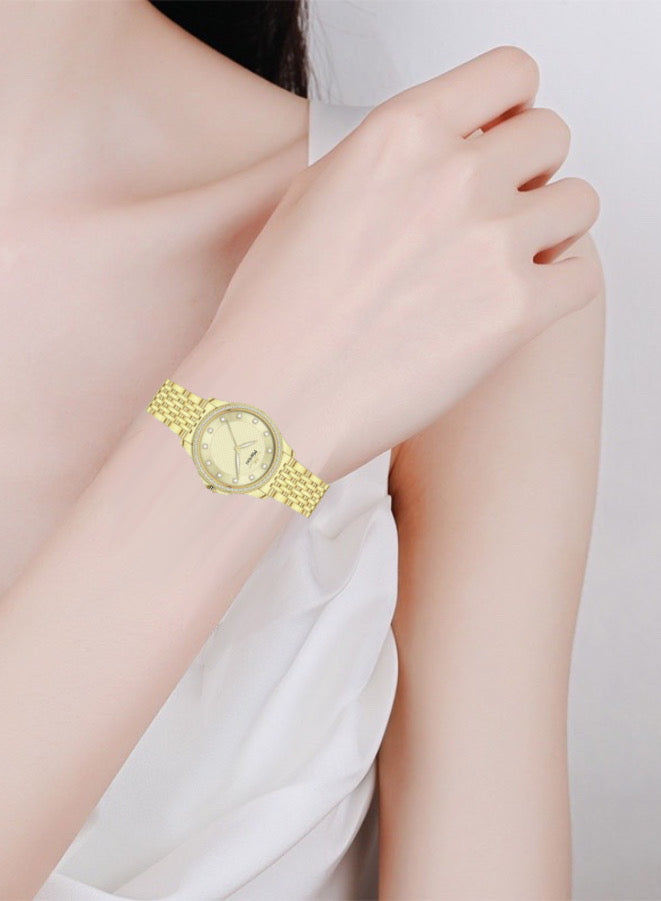 Embellished Round Gold Dial Analog Watch