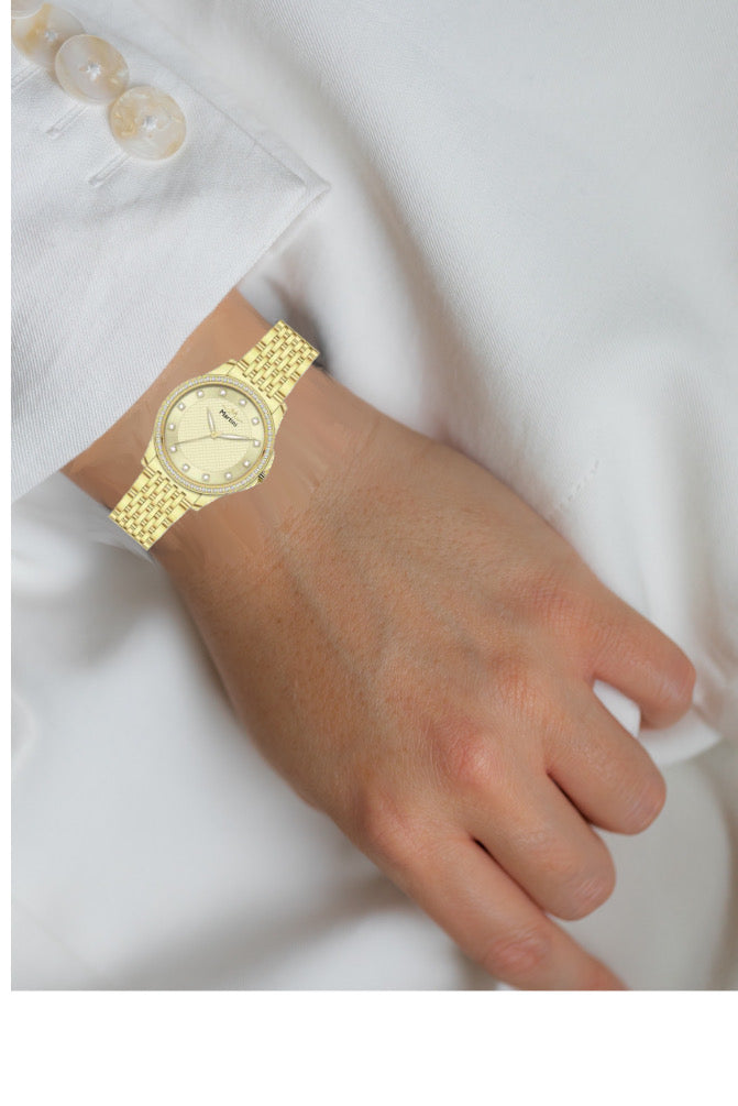 Embellished Round Gold Dial Analog Watch
